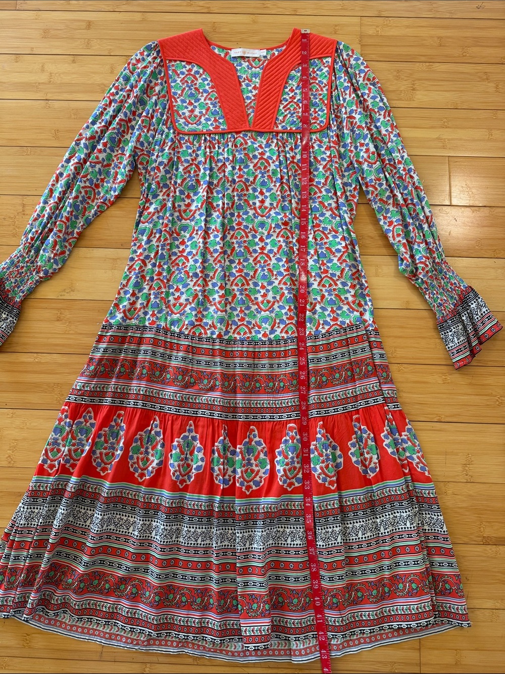 Tory Burch Red Multi-Print Long Sleeve Maxi Dress - Picture 2 of 5